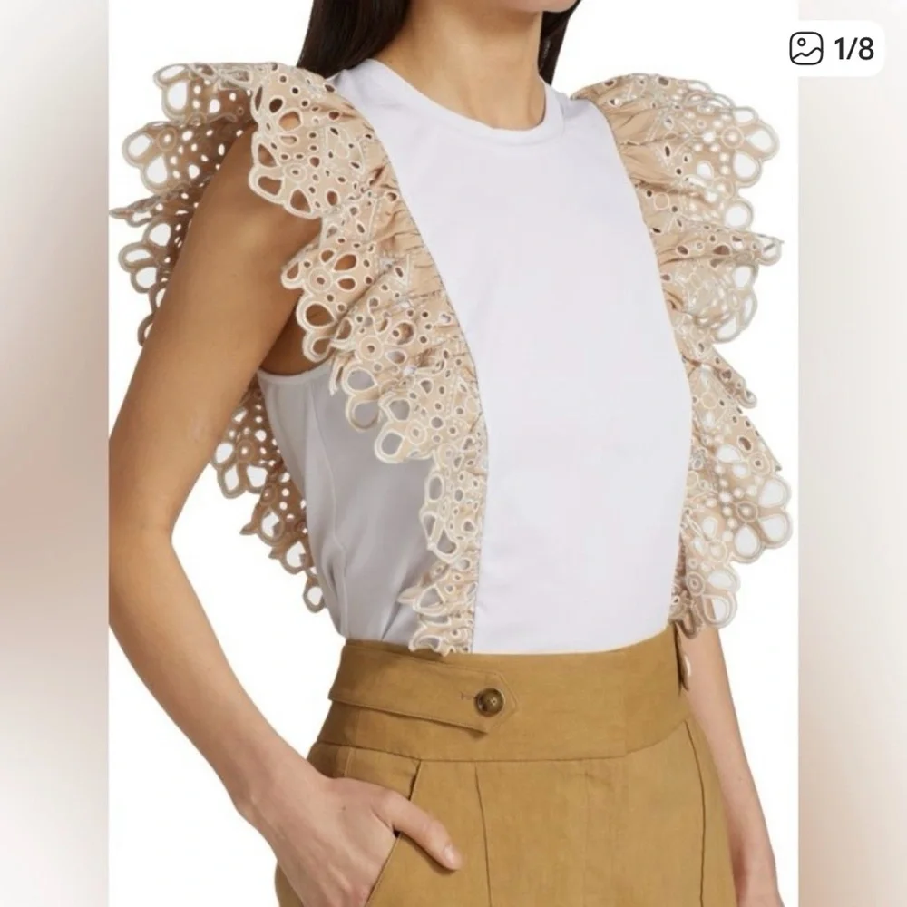 Veronica Beard White and Tan Lace Ruffle Blouse - Picture 1 of 10